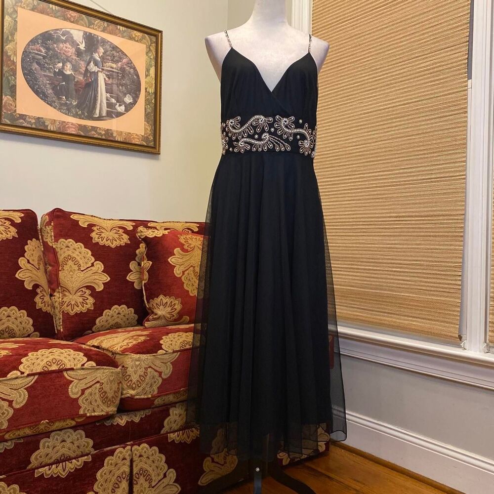 y2k  formal black beaded spaghetti strap v neck dress with mesh layers